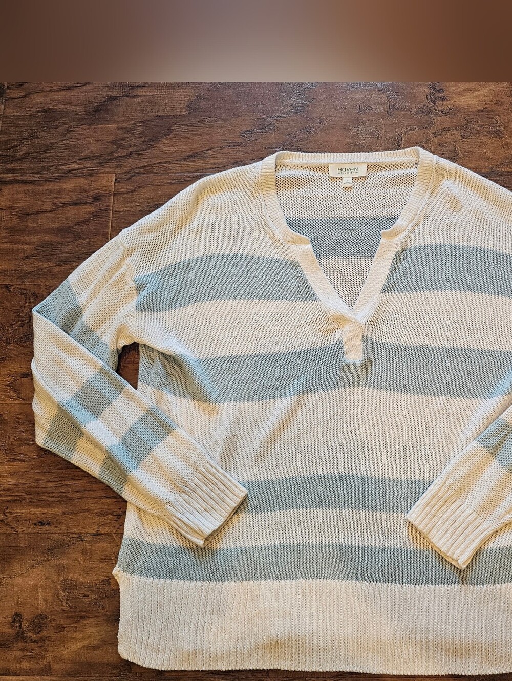 Haven Well Within Striped V-Neck Sweater in Cream and Light Blue Linen & Cotton